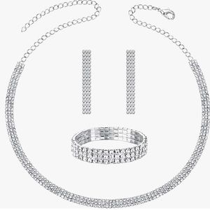 Silver Bridal Jewelry Set Rhinestone Crystal Necklace~ Bracelet~ Dangle Earrings